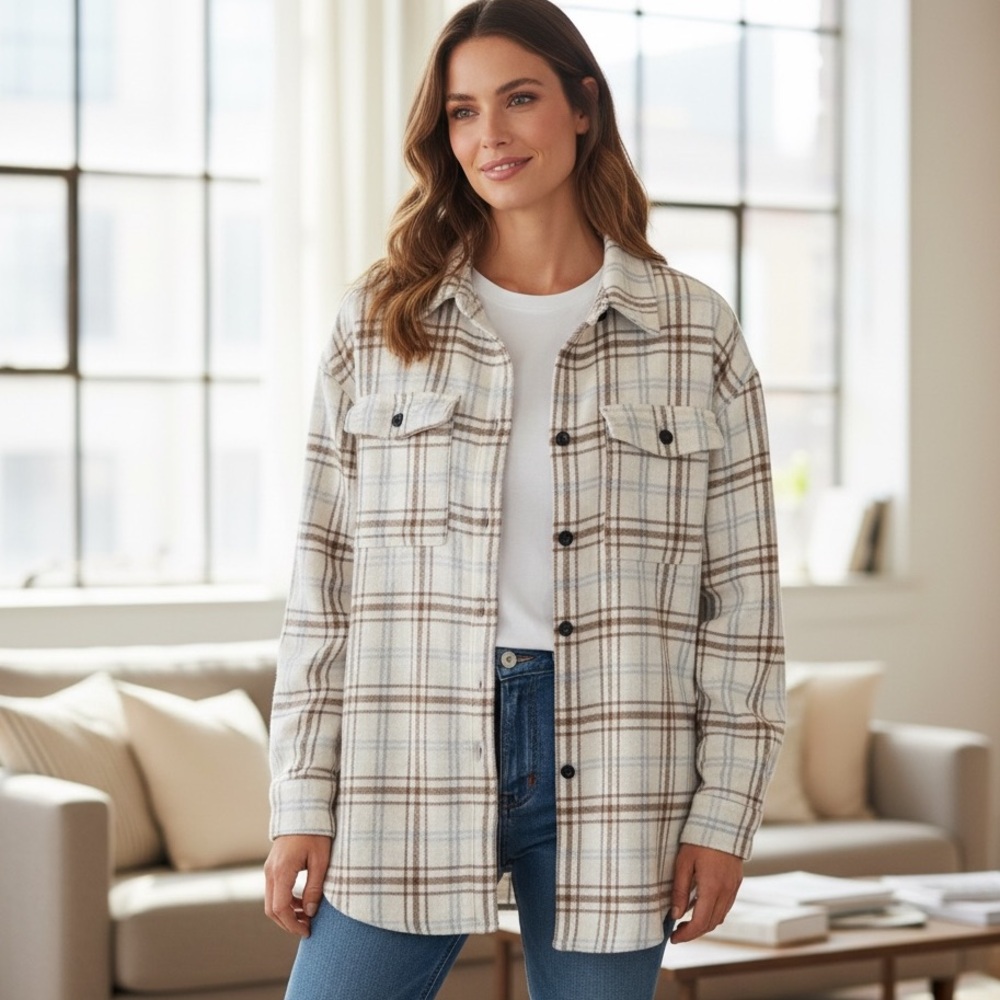 Trendy Queen Shirt Cream/Brown/Grey Plaid Button Front in Size XL NWT